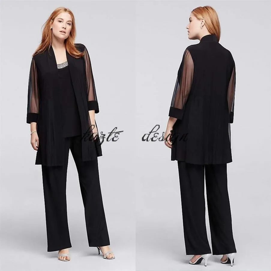 Tailleur-pantalon 3 pièces grande taille avec encolure perlée en mousseline de soie noire sur mesure pour la mère de la mariée marié pantalon Suit263k