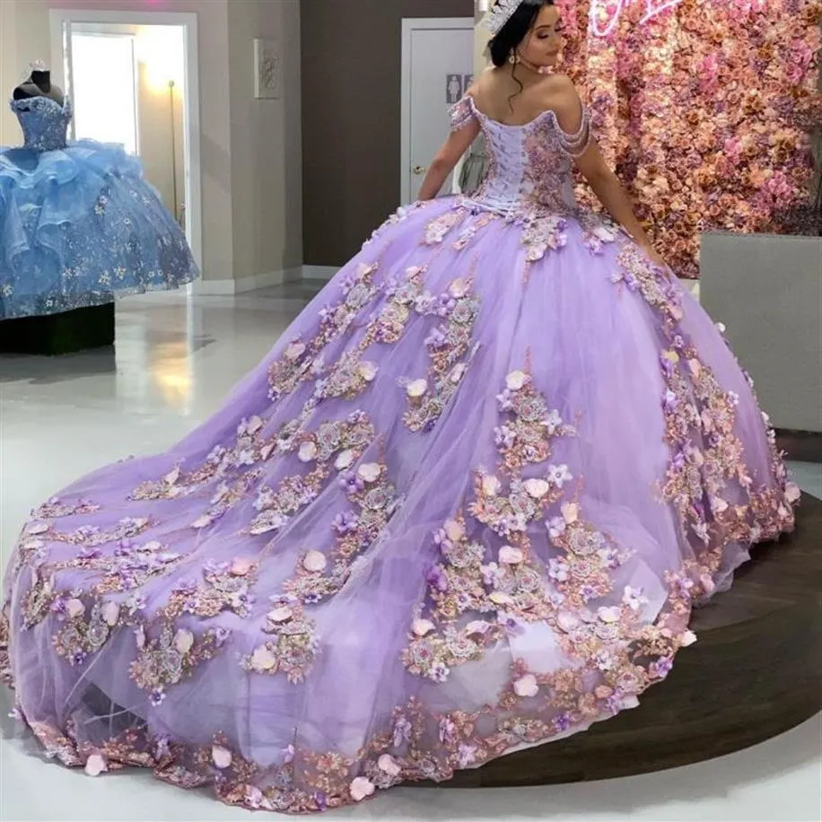 Luxury Off Shoulder lilac Beads Quinceanera Dresses Ball Gown Sweet 16 Year Princess Dresses For 15 Years vestidos de 15 aos anos8233M