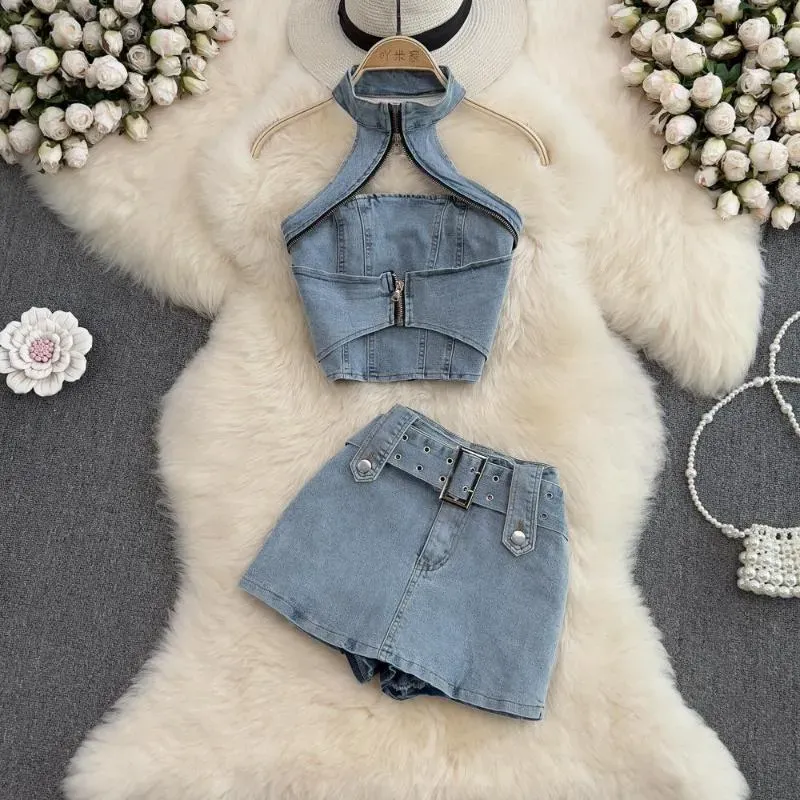 Dames trainingspakken denim tweedelige sets outfits zomer vintage hangende nek mouwloos sexy crop top half body korte rok set voor