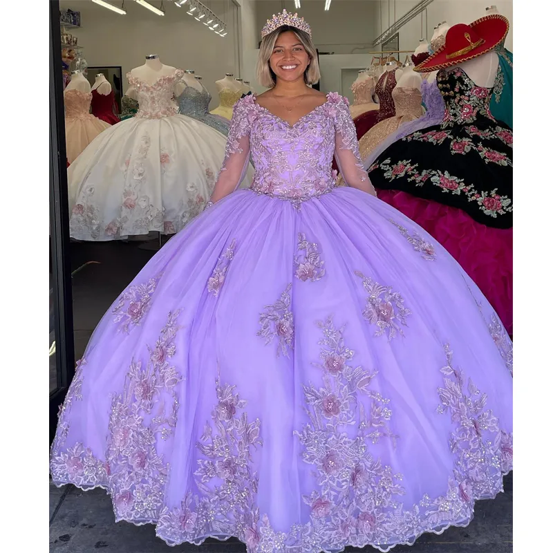 Lavendel sexig v-hals quinceanera klänningar bollklänningar med applikationer spets 3dflower tyll sweet 16 klänning domstol tåg vestidos de 15 anos