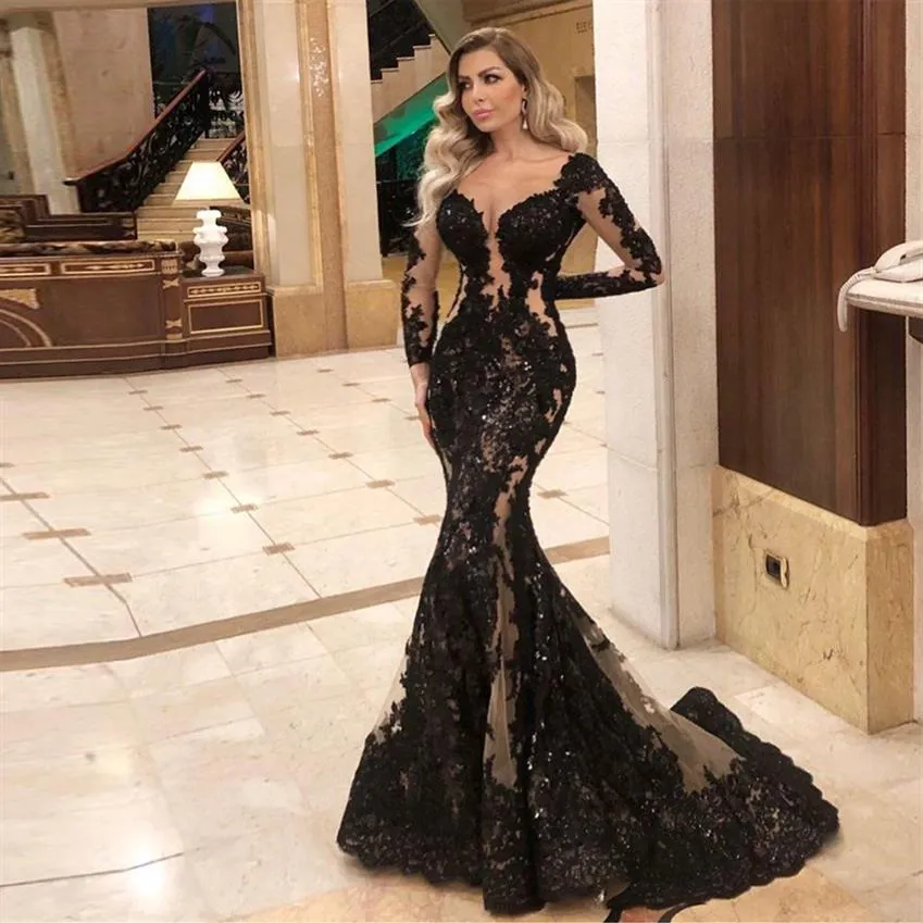 Illusion Black Mermaid Evening Dresses 2020 Sweetheart Lace Applicques SEBBINED Lång formell klänning Sweep Train Prom Gowns233B