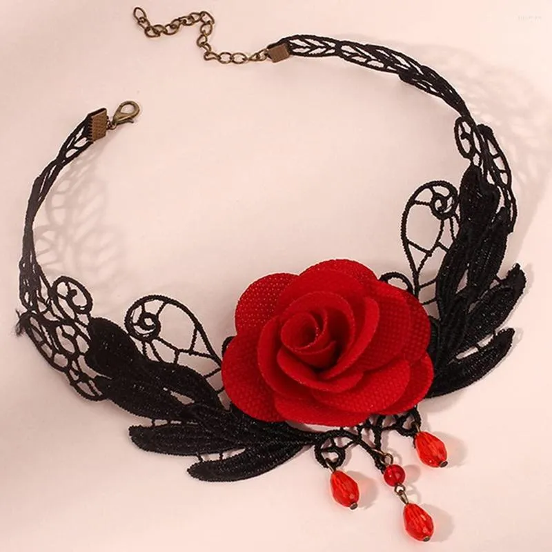 Choker Red Lace Flower Necklaces Vintage Crystal Pendant Necklace Punk Chain Accessories For Women And Girls