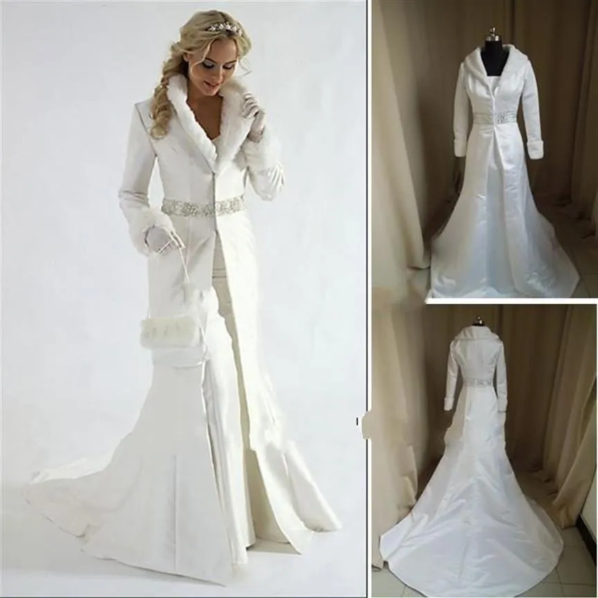 Whole - fur A line Wrap strapless satin White Winter Wedding Dress Cloak Chapel Train Satin Long Sleeve Coat for bride226P