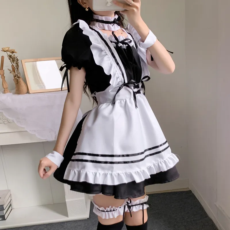 Anime fransız hizmetçi önlüğü lolita süslü elbise cosplay kostüm tüylü kedi kulak eldiven çorap