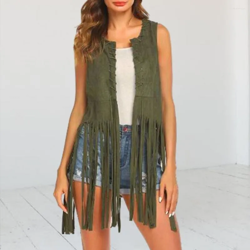 Women's Vests Dance Party Waistcoat Vintage Fringed Suede Vest Open Front Hollow Hole Chic Streetwear With Long Tassels