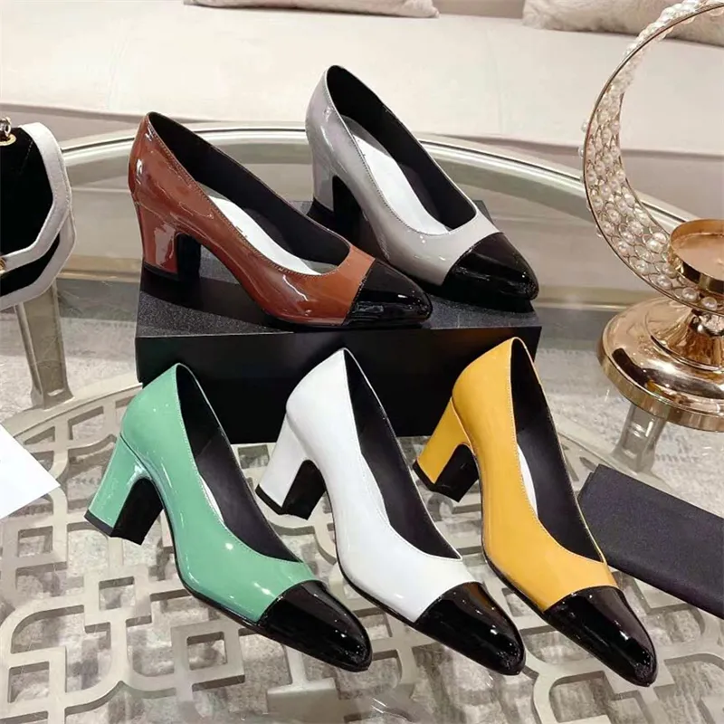 Designer Kvinnor Brand High Heels Spring och Autumn New Leather Dress Shoes Fashion Boat Shoes Sexy Party Shoes Patent Leather Wedding Shoes Women's Leather Strap Box