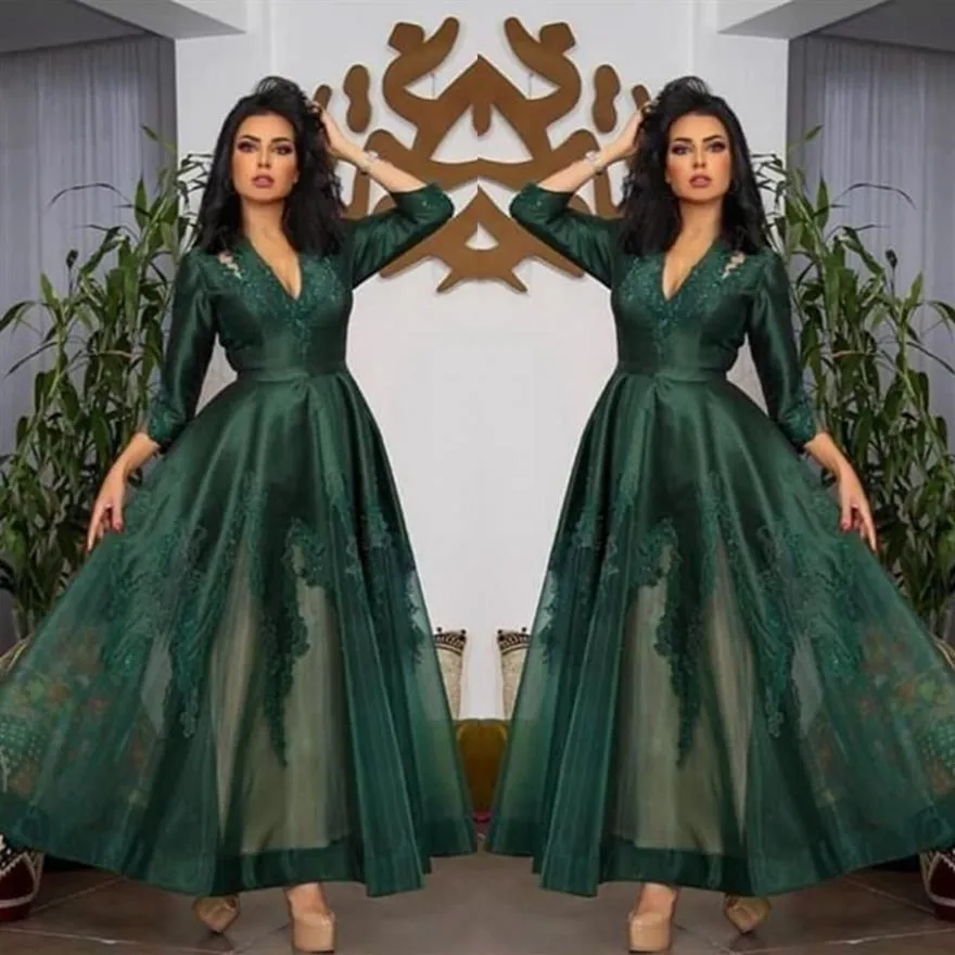 Vert foncé col en V robes de soirée en satin manches longues tulle dentelle appliques ruché cheville longueur bal tenue de soirée robes de soirée333J