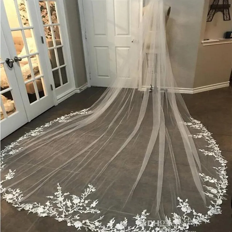 Cathédrale Longueur Bridal Veils appliqués accessoires de mariage en ivoire blanc 3 m de long Veil dentelle poil