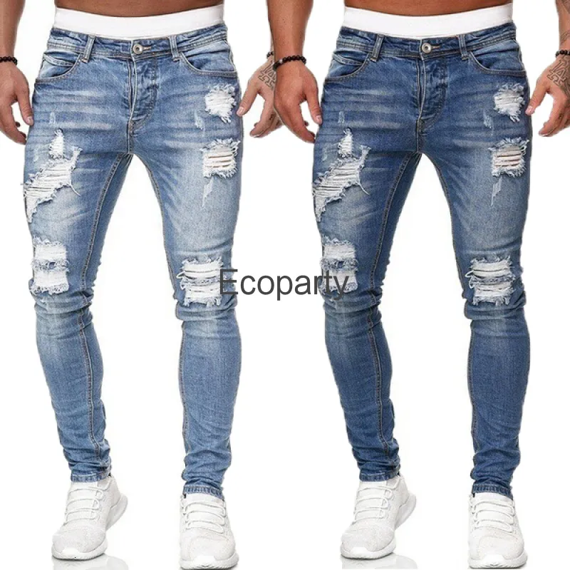 Mens Jeans Streetwear Fashion Black Ripped Skinny Slim Fit Blue Hip Hop Denim Trousers Casual For Men Jean Homme 230721