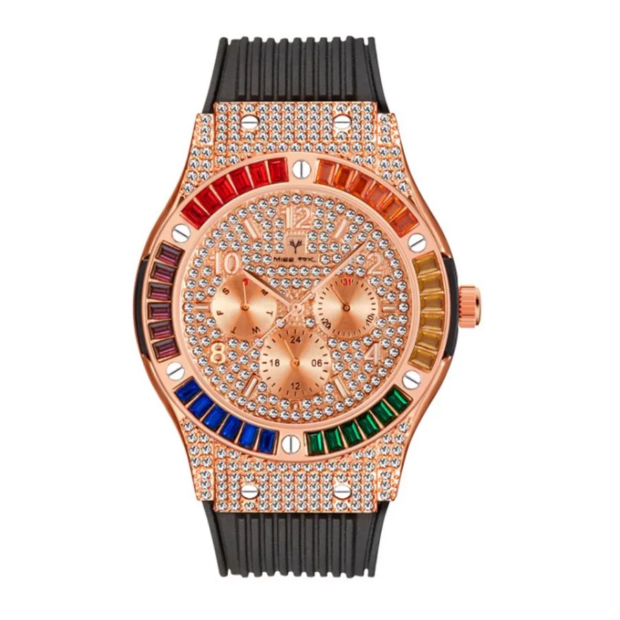 MISSFOX Life, relojes de cuarzo resistentes al agua cwp para hombre, relojes cuadrados coloridos con correa de silicona de circonita refinada con diamantes, relojes de pulsera para hombre 250K