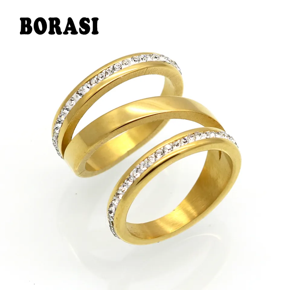 Borasi guldfärgförlovningsringar för kvinnor rostfritt stål bröllop smycken kristallring rostfritt stål smycken