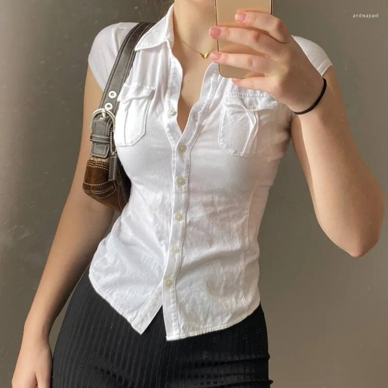 Blusas femininas Y2K camisa branca feminina básica casual slim fit camisas de botões blusa gola virada para baixo manga curta blusas de verão