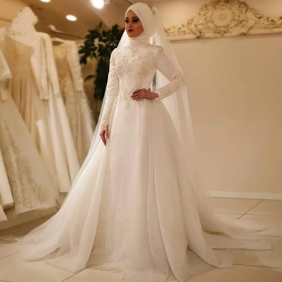 2021 Bescheiden Vestido De Noiva Elegante Lange Mouwen O Hals Moslim Trouwjurken Tule Rits Terug Kant Islamitische Bruiloft Bruidsjurk2696