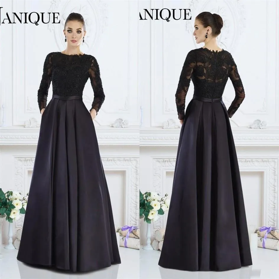 2019 Janique Black Long ärmar Formella klänningar A-Line Jewel Lace Pärled Mother of the Bride Dresses Custom Made Women Evening Wear307o