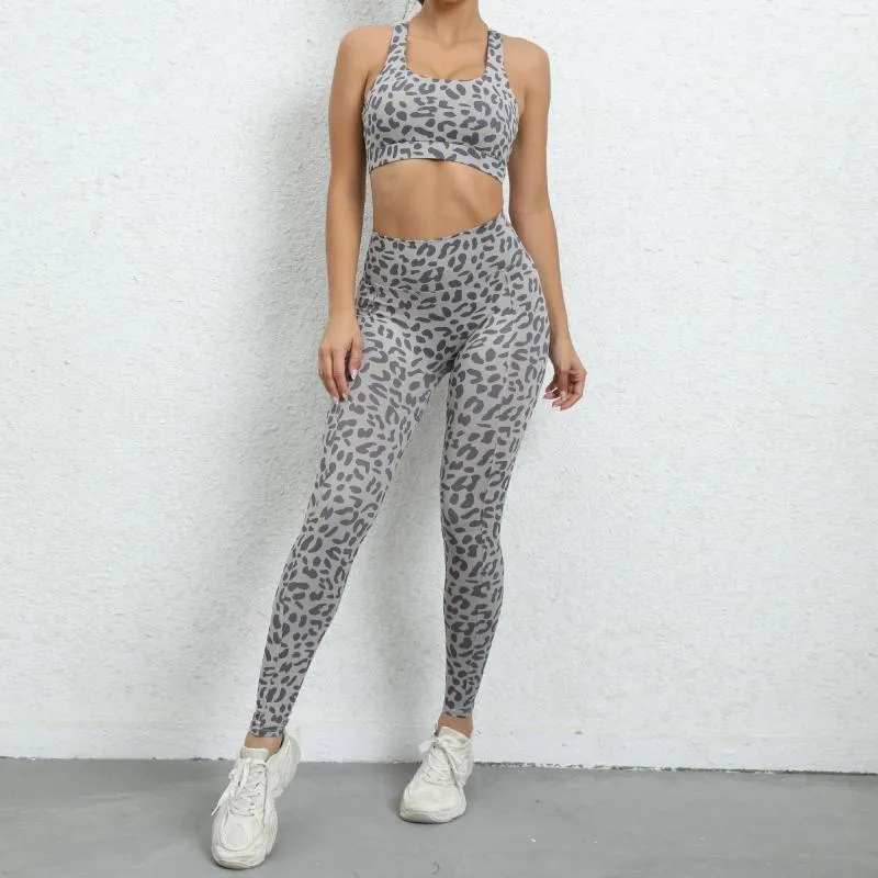 Active Sets Gym Set Women 2023 Leopard Womens Outfits Lycra Workout Clothes For Fitness Sportswear Activewear Gray Pink