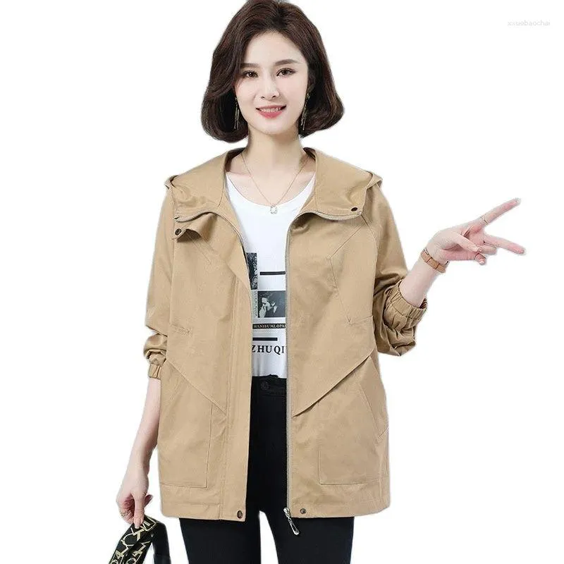 Trench-Coats Femme Printemps Automne Manteau À Capuche Femme Coréenne Lâche D'âge Moyen Mère Coupe-Vent Pardessus Femme Casual De Base Survêtement