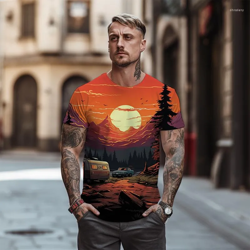 T-shirts voor heren Zomer 3D Landschap Afdrukken Patroon -shirt Straat Vrije tijd Oversized Mode Veelzijdige Ronde Kraag