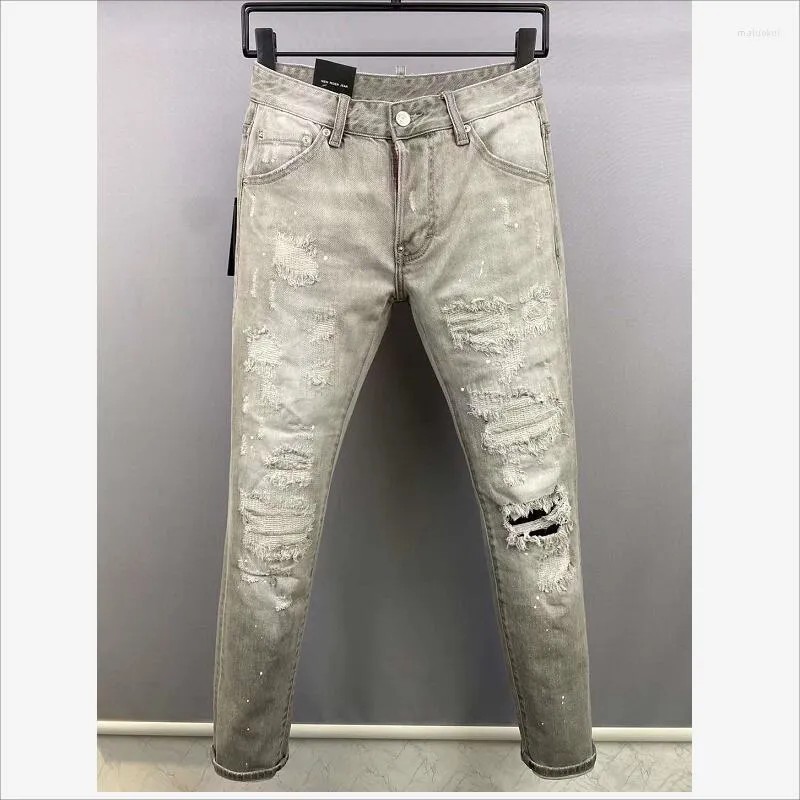 Jeans pour hommes décontracté à la mode MotoBiker haute rue Denim tissu pantalon mode trou peinture en aérosol 9832 #