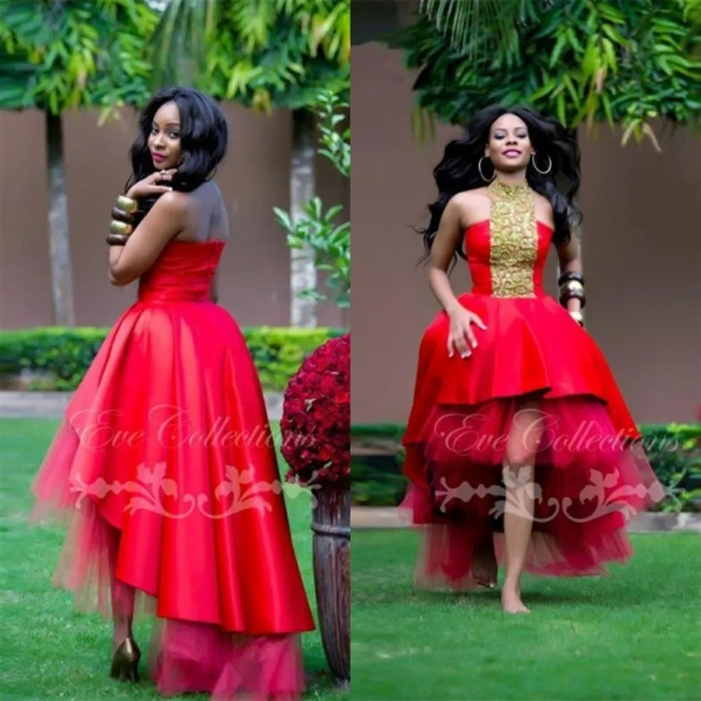 New Red High Low Puffy African Black Girl Prom Dresses 2019 Personalizza più Unique Ankara Dress Women Abiti da sera maniche Festa2731