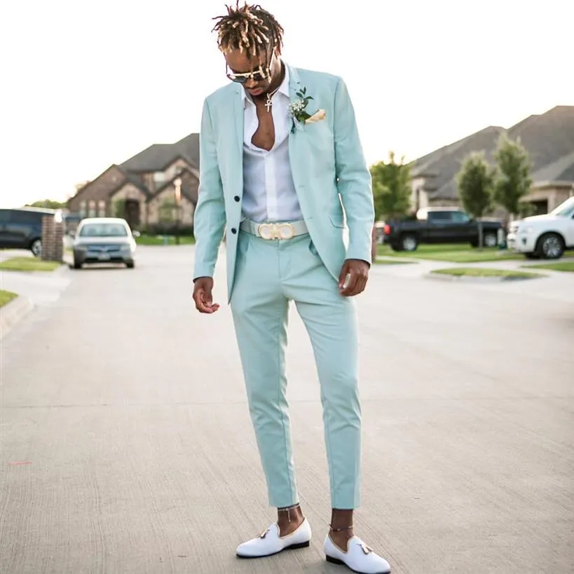 2018 Verde menta Abiti da uomo Slim Fit Due pezzi Beach Groomsmen Smoking da sposa per uomo Risvolto con visiera Abito da ballo formale Giacca Pantaloni195w