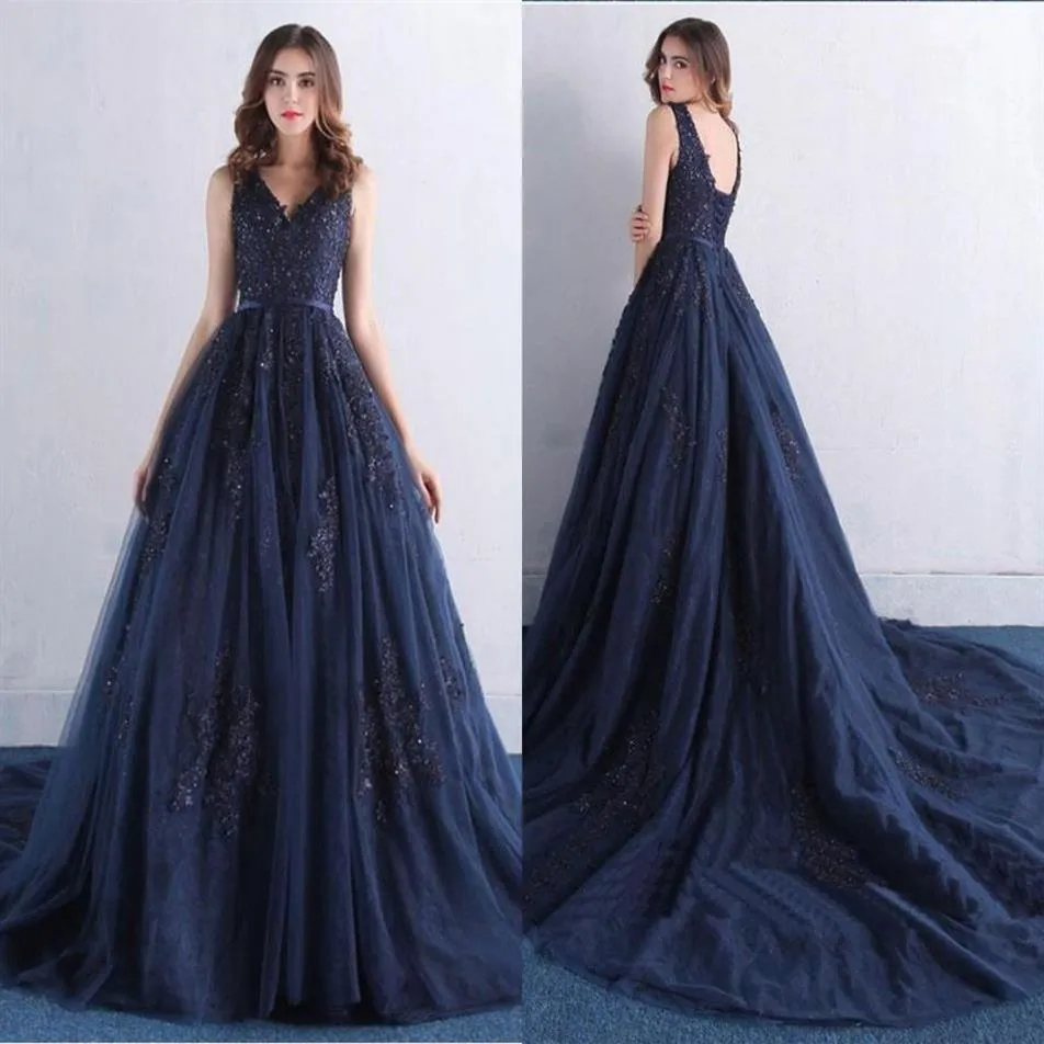 Navy Blue Formal Dresses Evening Plus Size 2022 V-neck Cap Sleeve Empire Waist Prom Dress Lace Applique Beaded Sequins Graduation 267D