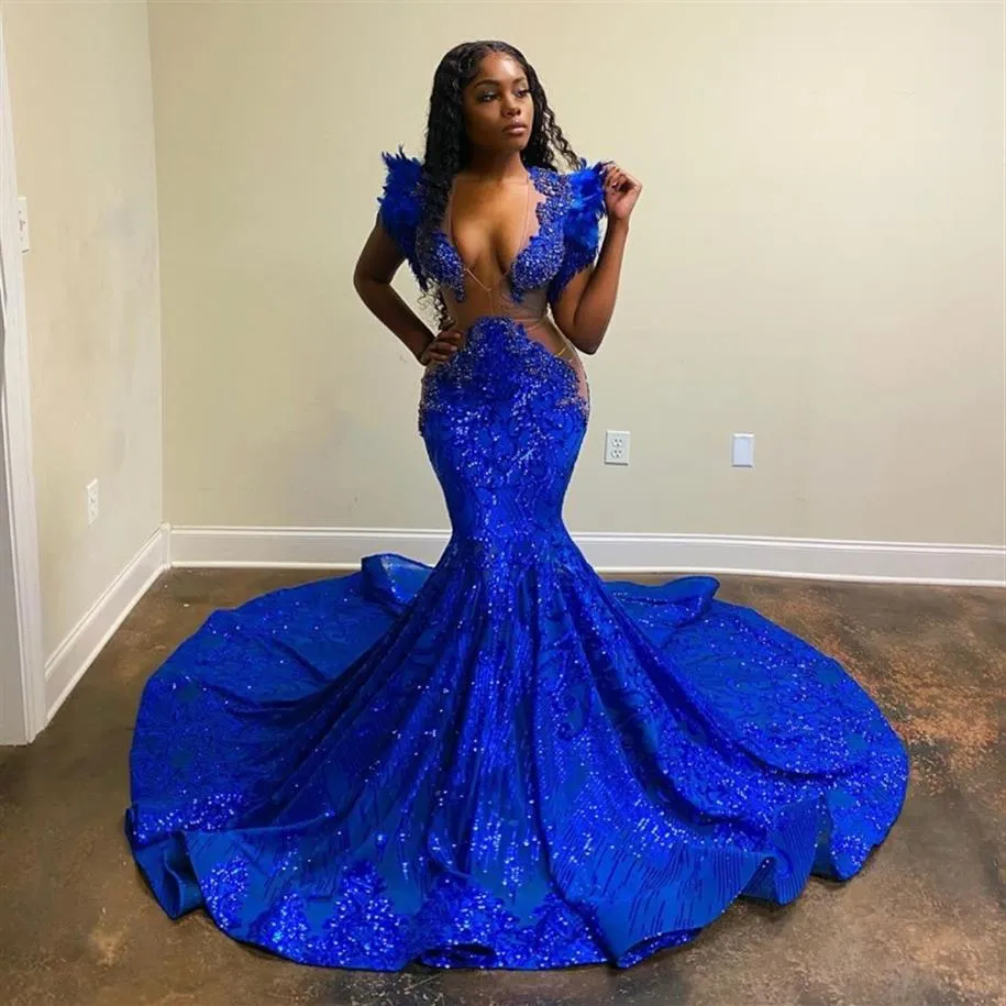 Sexig fjäder Royal Blue Mermaid Prom Dresses For Black Girls African Evening Dress Robe de Soiree Femme Vestidos Graduation255D