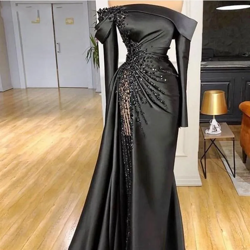 2021 Neue Sexy Schwarze Meerjungfrau Abendkleider Tragen Schulterfrei Lange Ärmel Kristall Perlen Satin Dubai Arabisch Formales Partykleid Pro281Z