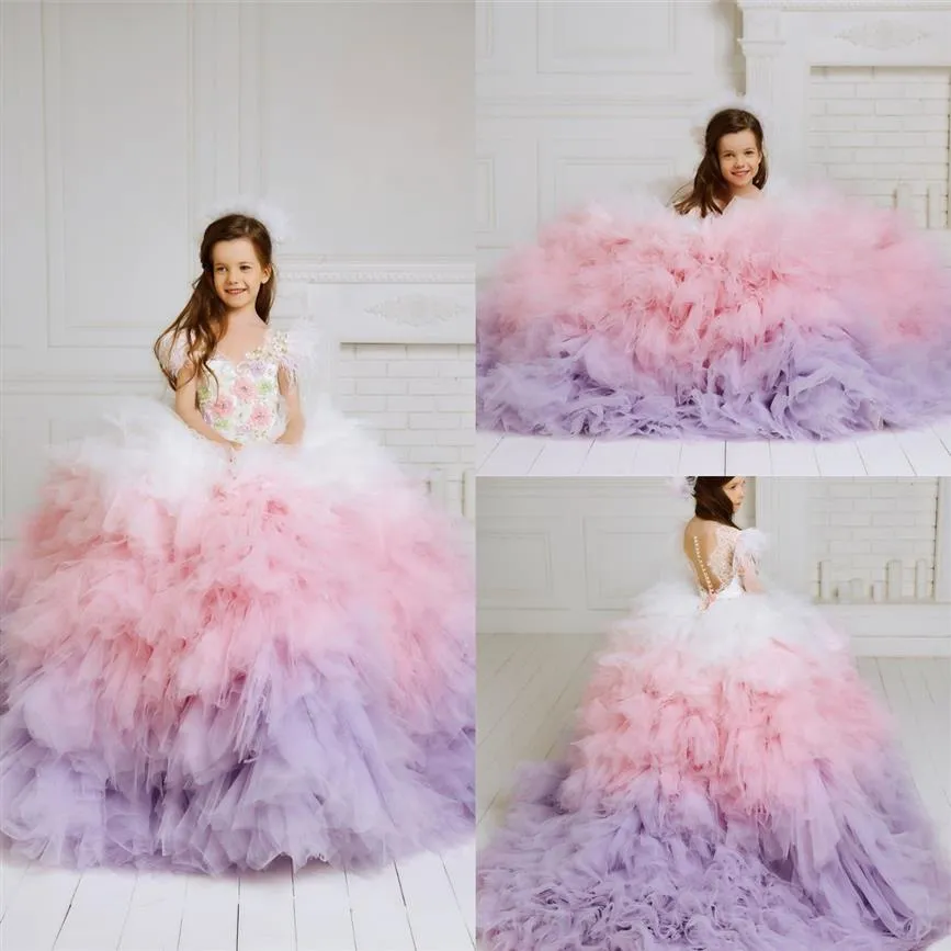 Luxury Feather Ball Gown Flower Girl Dresses For Wedding Pärledspets Appliced ​​Toddler Girls Pageant Dress Kids Formal Wear Prom G301H