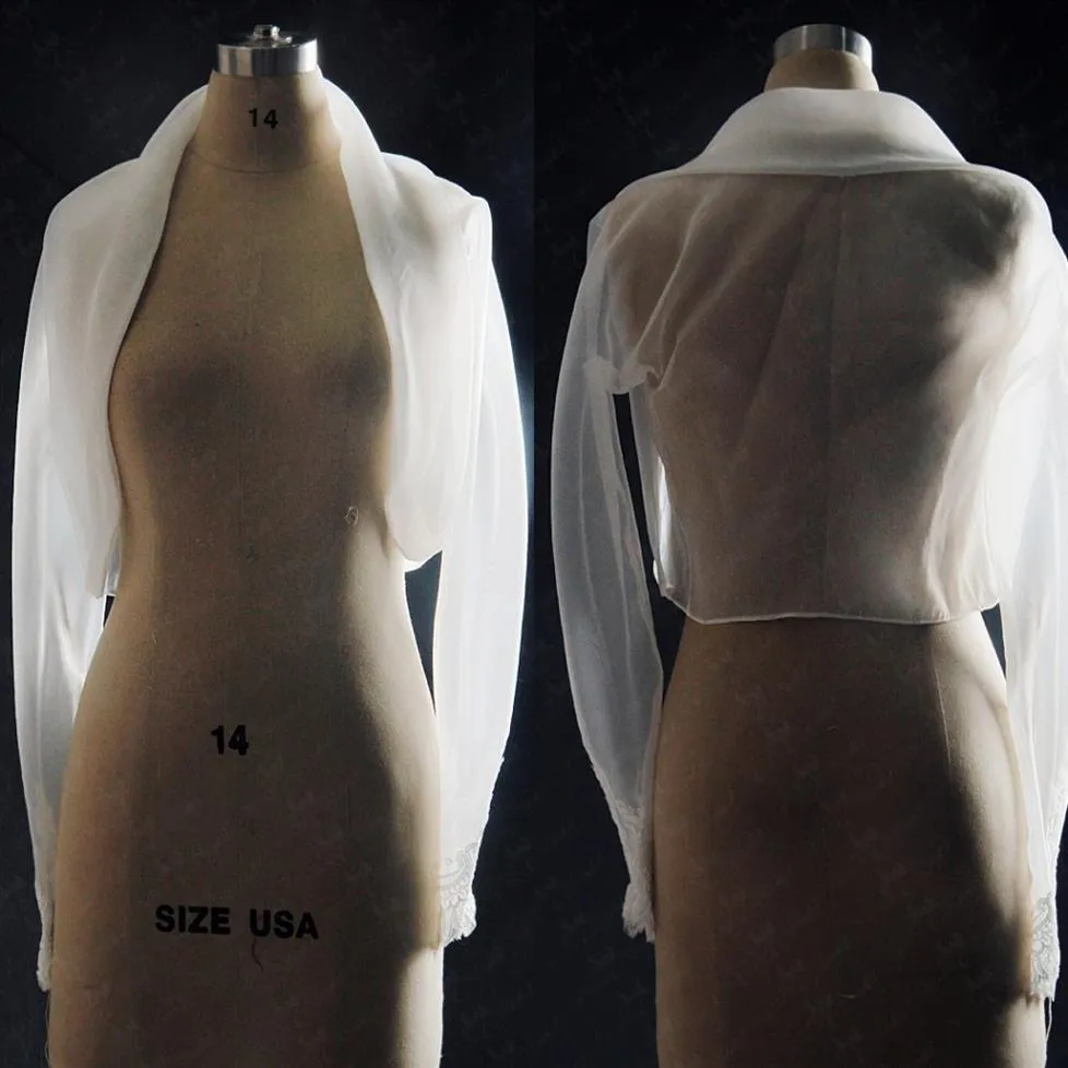 재고 2022 Organza Bolero 웨딩 자켓 긴 소매 아플리케 흰색 아이보리 재킷 저녁 무도회 파티 드레스 포맷 289h
