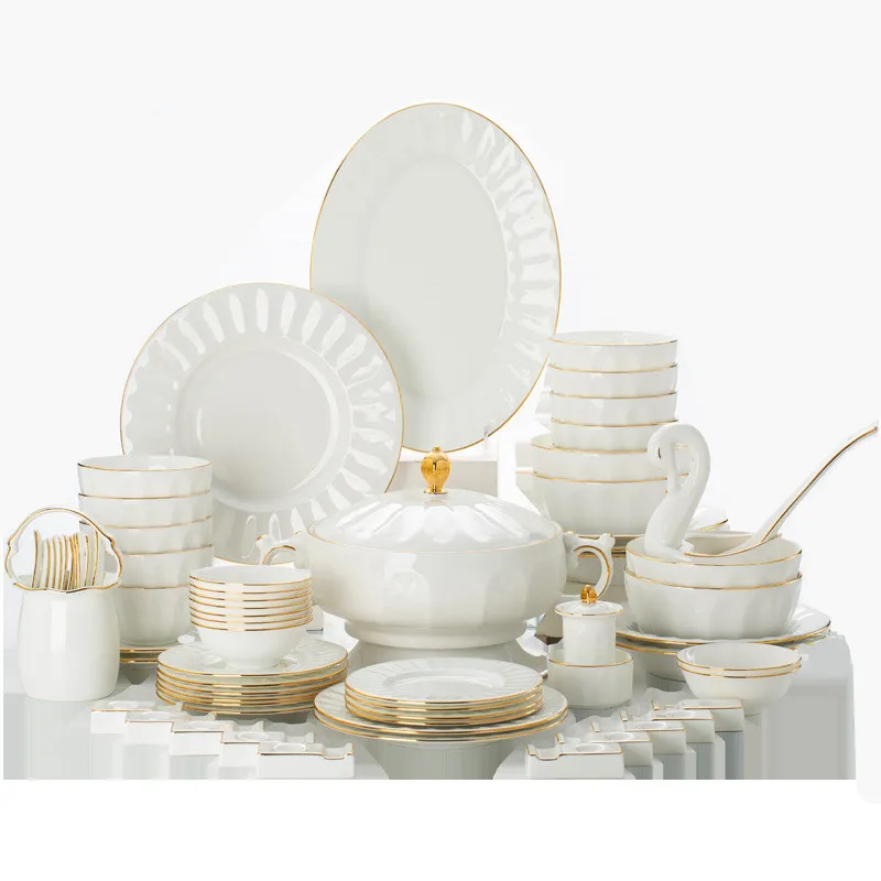 Juego de vajilla de porcelana de hueso fino, 16 piezas de vajilla clásica  de porcelana de alta calidad con bordes dorados para 4 personas con  embalaje