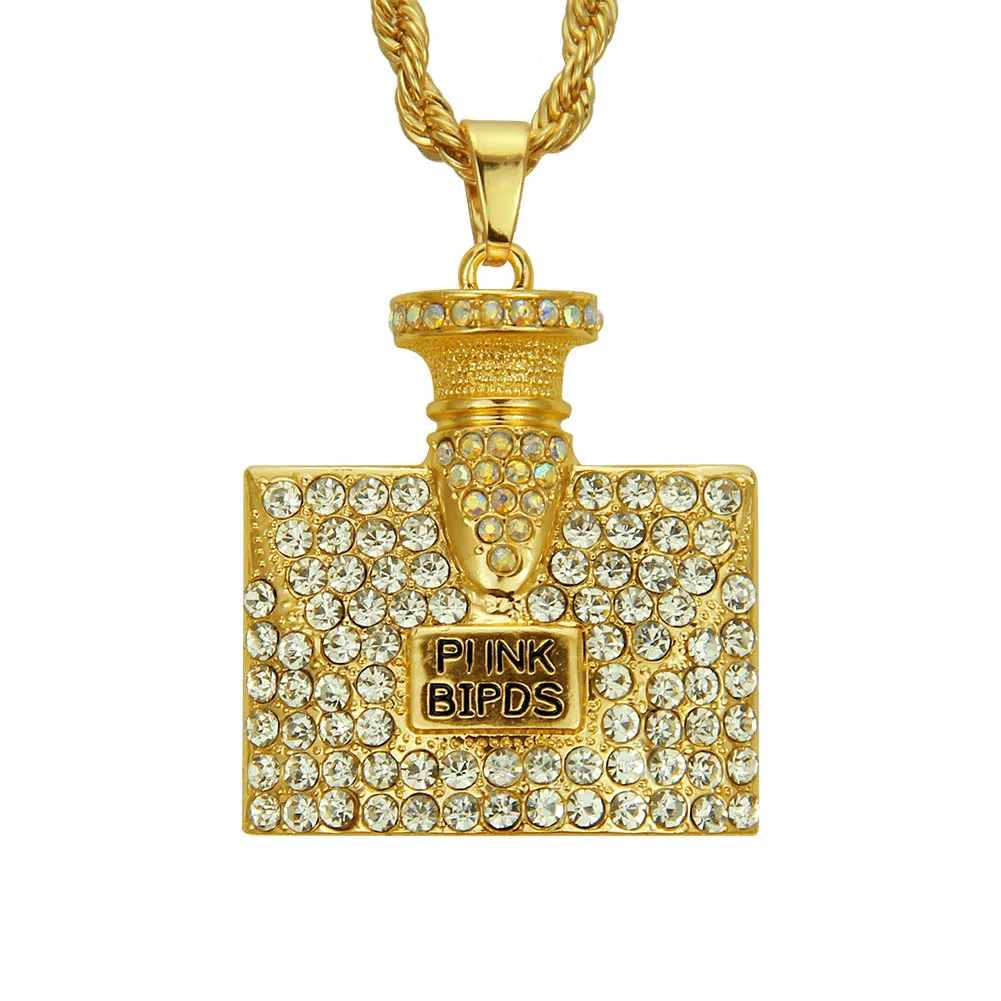 Hip Hop Rapper Shiny Diamond Pendant Gold Necklace Parfym Bottle Pendant Micro-Inset Zircon Jewelry 60cm Night Club Accessory Sweater Twist Chain Rope Chain 1532