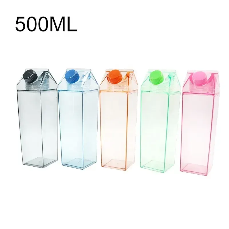 UPS 500ml Milk Box Plastic Milk Carton Acrylic Water Bottle Clear Transparent Square Juice Bottles for Outdoor Sports Travel 7.23