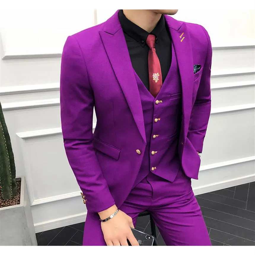 2019 3PC Suit Men Purple Brand Nowy Slim Fit Business Formal Wear Tuxedo Wysokiej jakości sukienki ślubne Męskie garnitury Homme290z