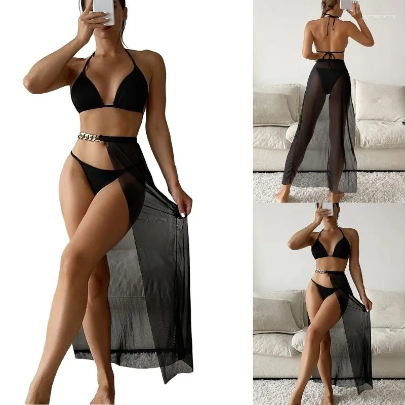 Damen-Bademode, 3-teilig, geteilte Badeanzüge für Damen, Schnür-Badeanzug mit Überzug, rückenfreies Damen-Bikini-Set mit Neckholder