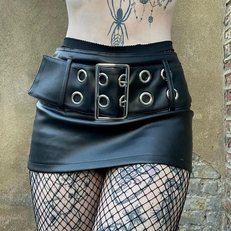 Röcke Damen Minirock Gothic Girl Dark Punk Streetwear Low Waist Breiter Gürtel Hip Hop Y2k Grunge Emo Alt Clubwear Faldas