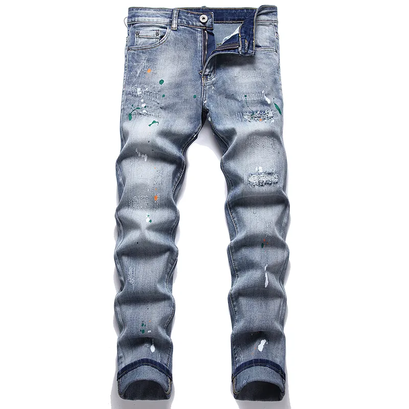 Blue Ripped Stretch Men's Skinny Jeans Spring Autumn Punk Paint Mid-Waist Pants Casual Slim-Fit Denim Trousers