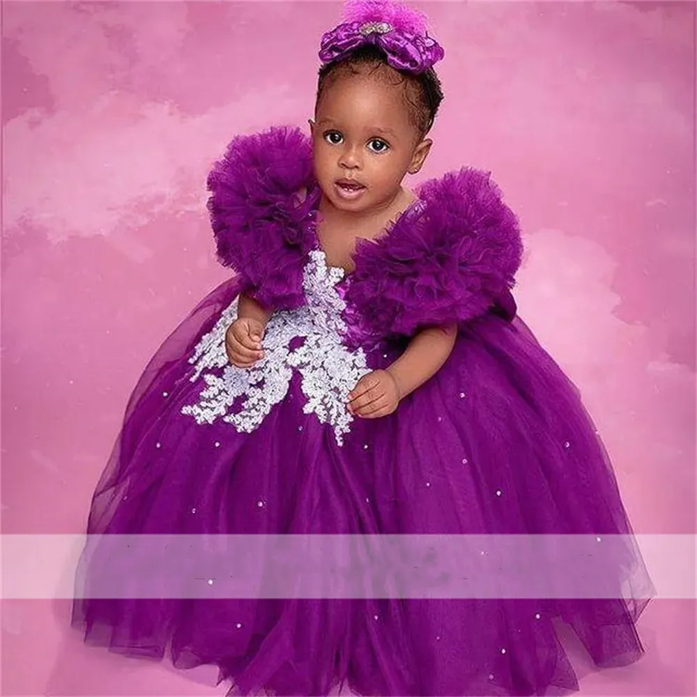 Lindo bebê roxo princesa meninas vestido apliques desfile vestidos de baile vestido de criança africana para casamento primeira comunhão sessão de fotos