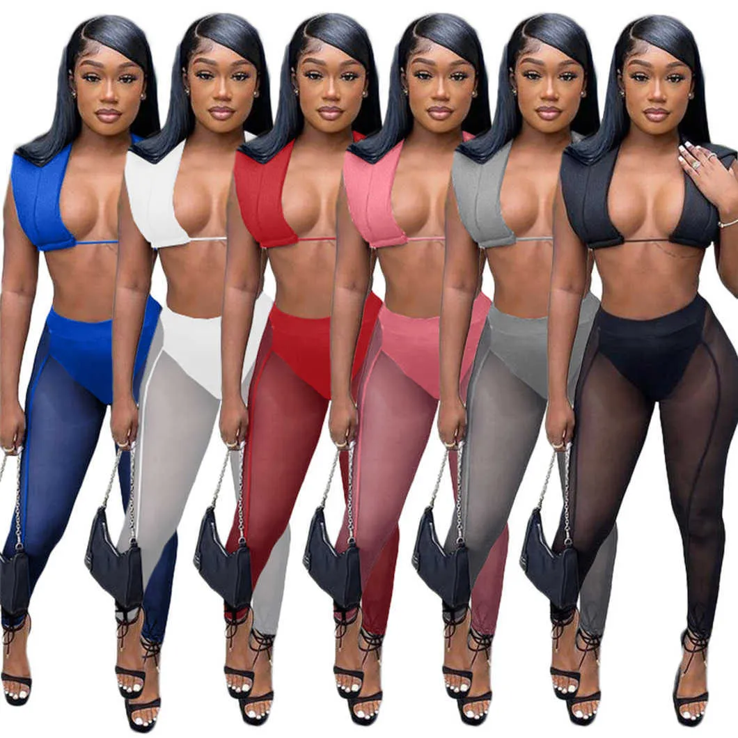 Designer Tracksuits Sexy Mesh Patchwork Two Piece Set Women Outfits Summer Sheer Clothes Fashion See Through Crop Top och Leggings Night Club Wear Wholesale