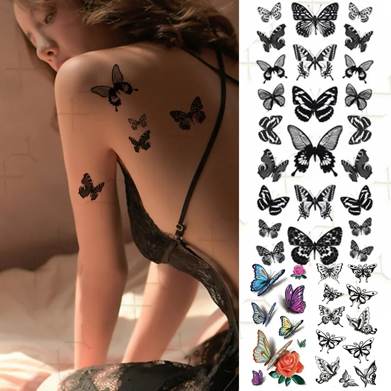 Autocollant de tatouage temporaire étanche 3D papillon faux Tatto Flash serpent plume Tatoo Art corporel RoseTatouage pour fille femmes hommes