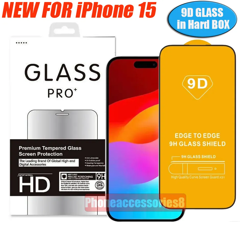 واقي شاشة الهاتف الزجاجي المقسّر 9D لـ iPhone 15 14 13 12 11 Pro Max XR XS XS Samsung A54 A34 A24 A14 A04 A33 A23 A53 9D iPhone15 Glass مع صندوق صلب