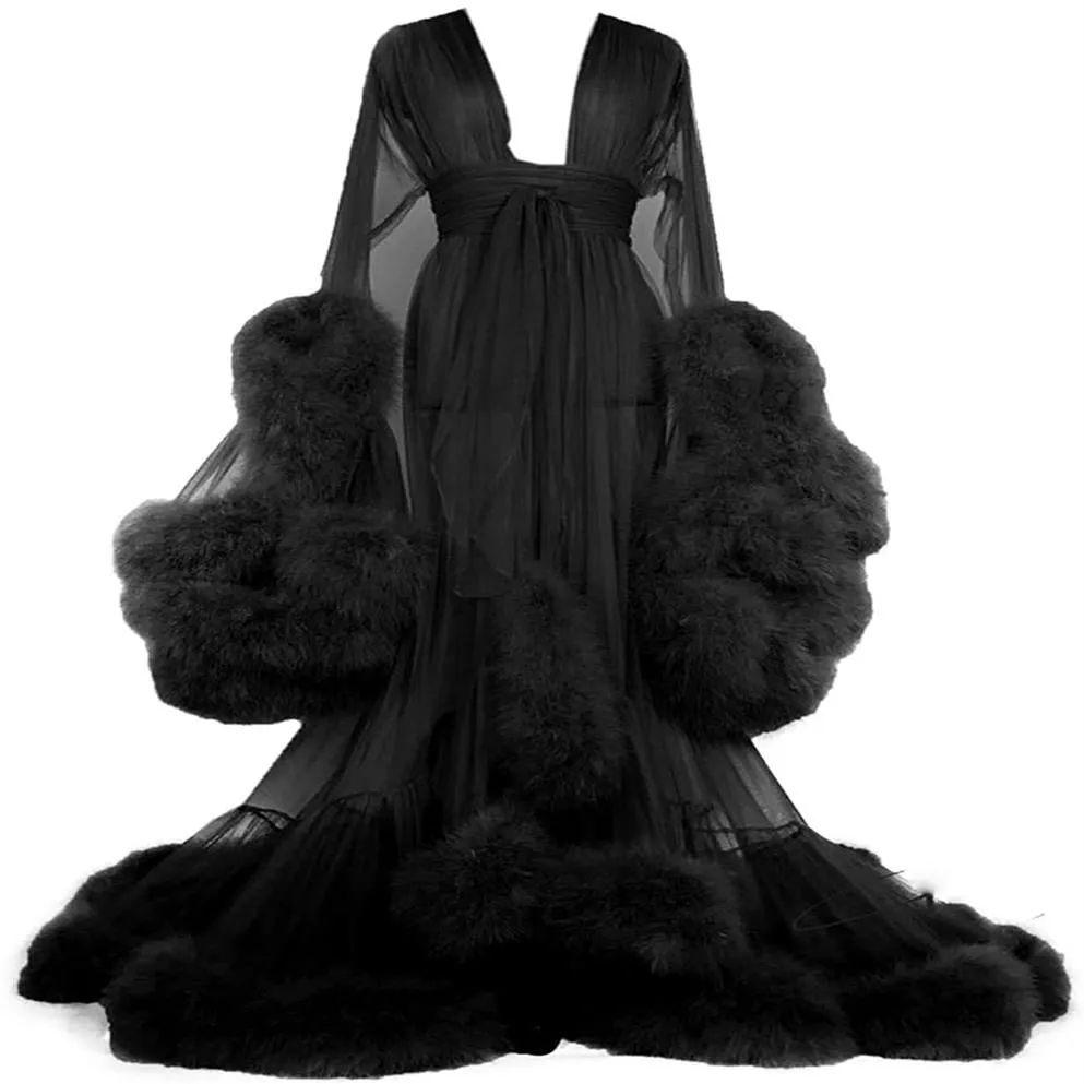 2021 Black Evening Dresses Pregnant Women Po Robes Women's Feather Edge Tulle Long Bridal Robe Bathrobes with Belt280x