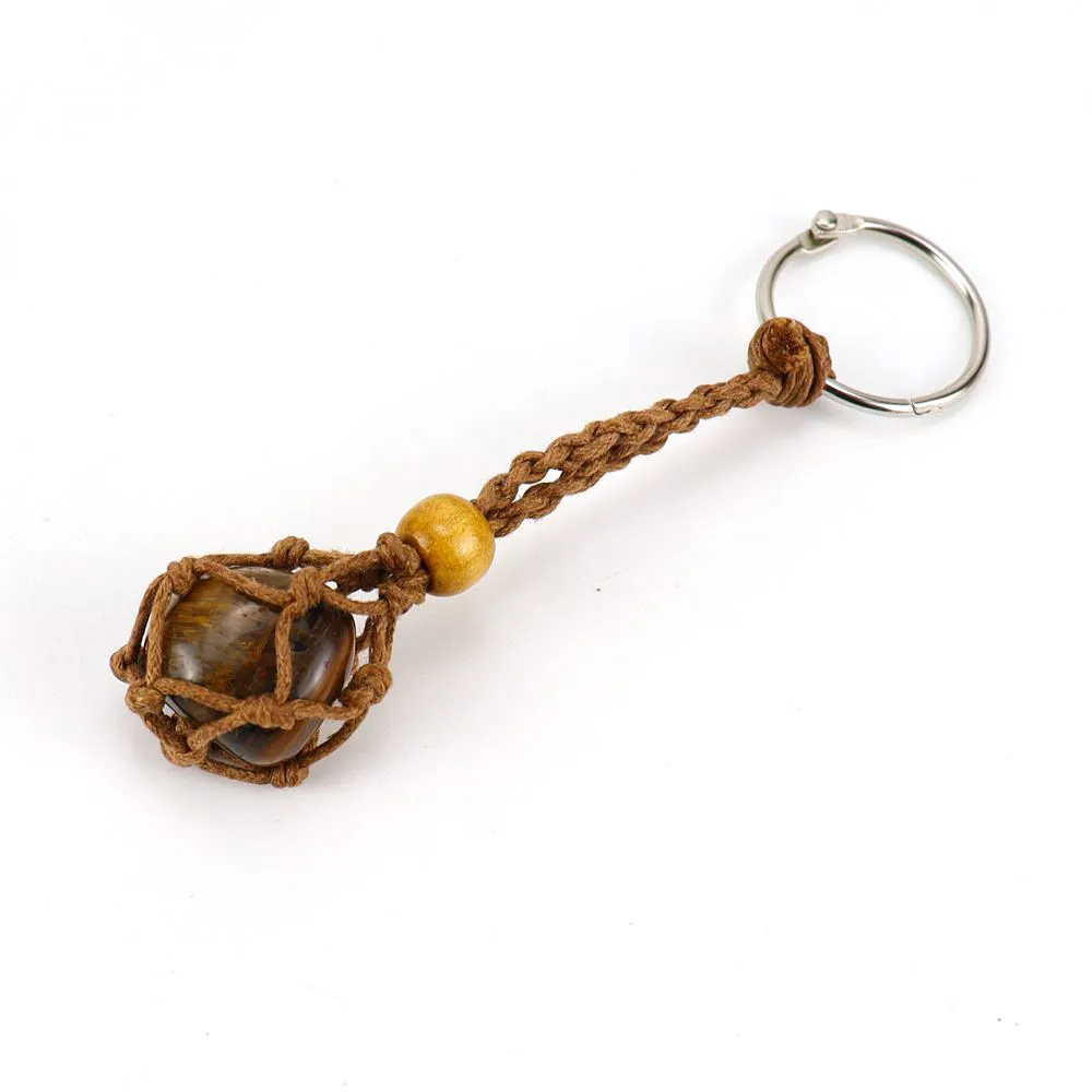 Natural Stone Brown Wax Rope Keychain Keyring Amethyst Rose Quartz Crystal Healing Stone Net Bag Key Ring