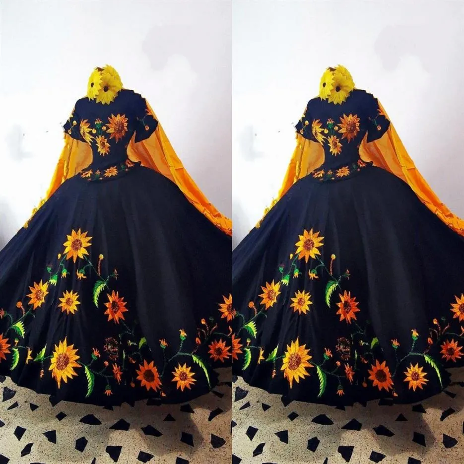 2023 Sunflower Embroidered Off Shoulder Sunflower Quinceanera Dress