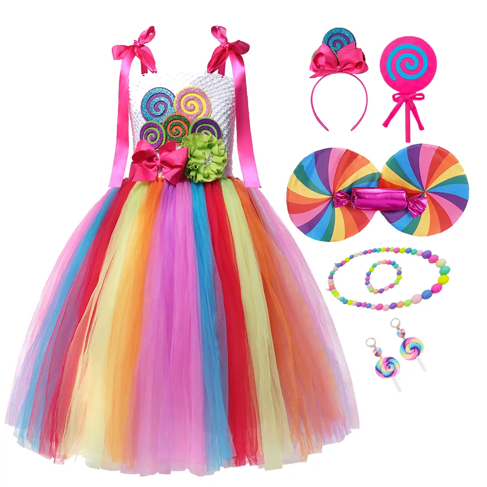 Kerst Regenboog Snoep Prinses Jurk Voor Meisjes Met Hoofdband Tutu Kostuum Kids Purim Verjaardagsfeestje Kinderen Lollipop Kleding