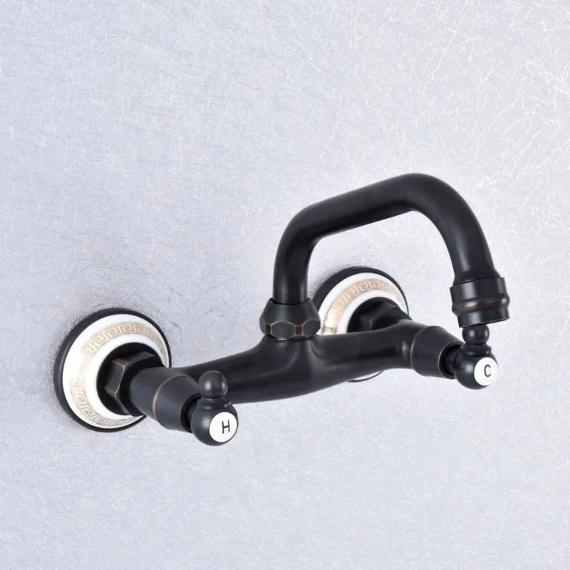 Kitchen Faucets Black Oil Rubbed Bronze Wall Mounted Swivel Spout Sink Faucet Bathroom Basin Cold Water Mixer Taps Dsf731