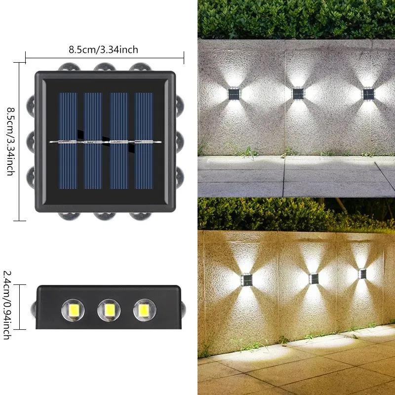 4 Seiten Solar-Wandleuchten für den Außenbereich, 16 LEDs, warm, wasserdicht, oben, unten, rechts, links, Solar-Lichtbeleuchtung, Balkon, Hof, Garten, Dekoration, Solarstrom-Flutlichter