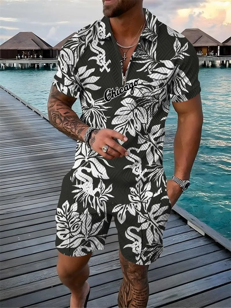 Herrspårar Summer Polo Shirt 2 Piece Short Sleeve Fashion Leaf Printing Lapel Zipper Tracksuit Male Retro Design Jogger Clothing