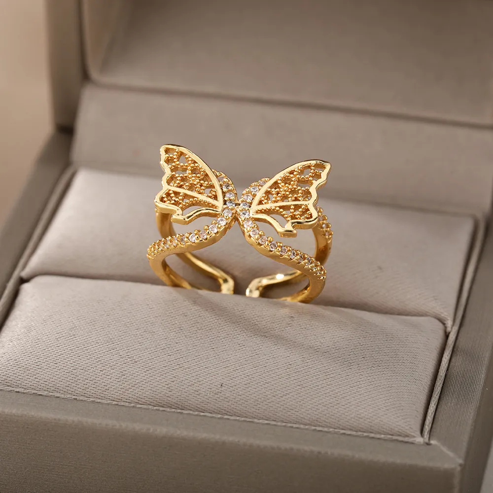حلقات الفراشة الكريستالية للنساء الفولاذ المقاوم للصدأ الإناث الذهب حلقة إصبع الحلقة الجمالية زوجين anillos anillos