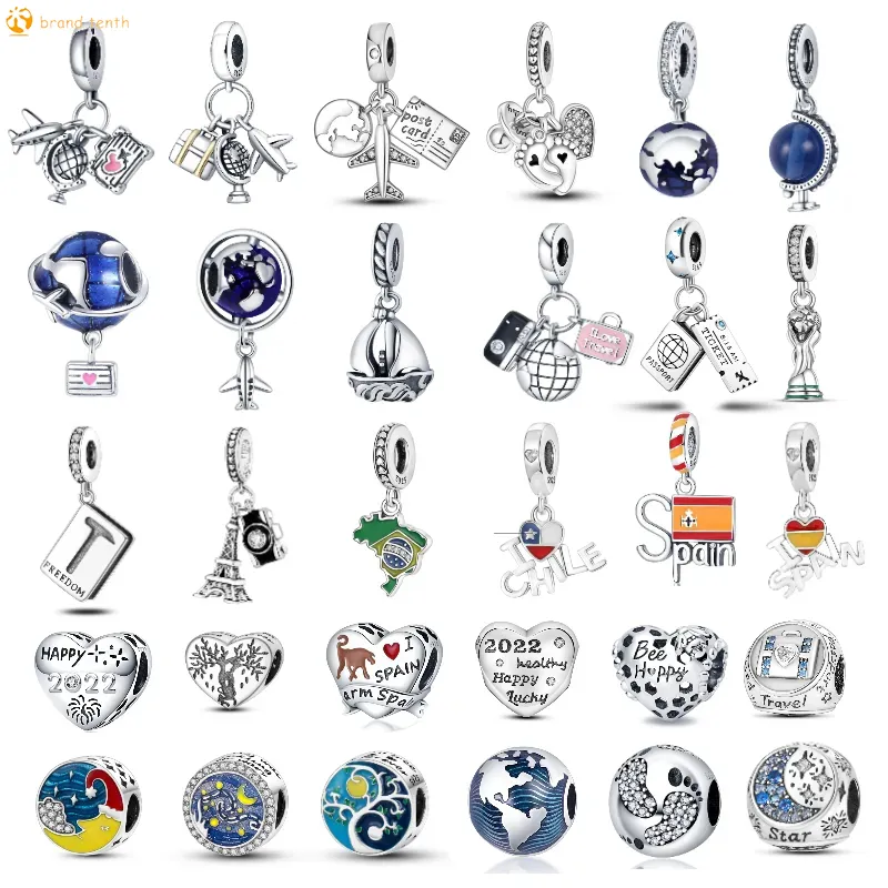 Charm Pandora Fit de Prata 925 Pulseira FPassport Avião Conjunto de Charms Bandeira Nacional Espanha Brasil 925 Silver Sterling para Pandora Charms Autêntico Bead