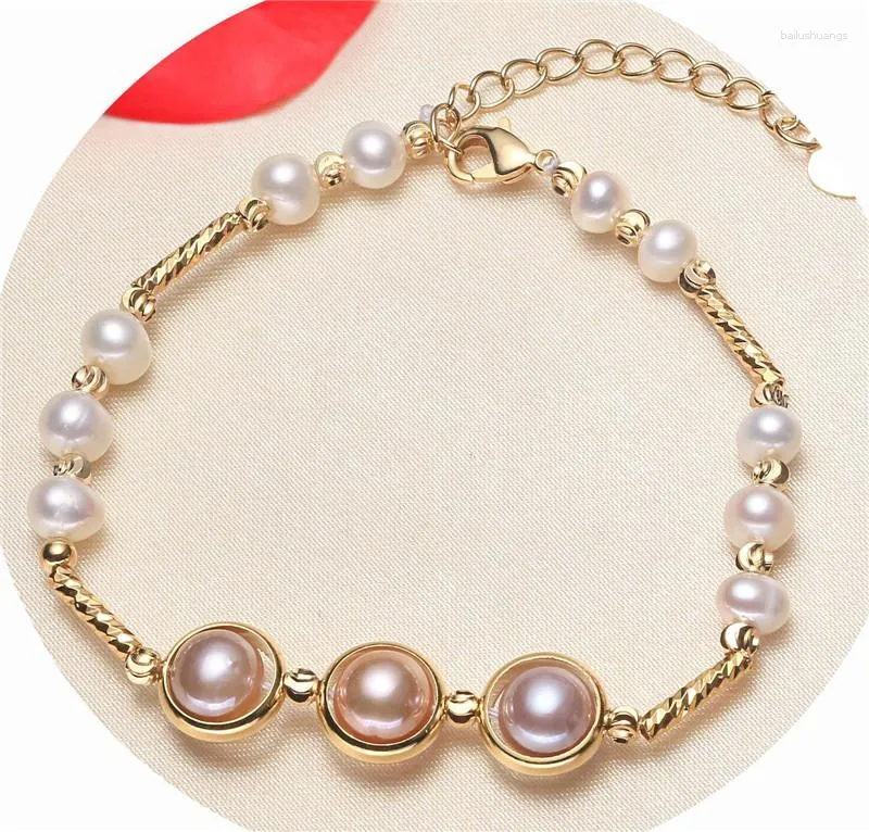 Strand HABITOO Simple Natural Freshwater Cultured 7-8mm Multicolor Pearl Bracelet Bangle Chain Jewelry Charming Gifts Girlfriend Gift